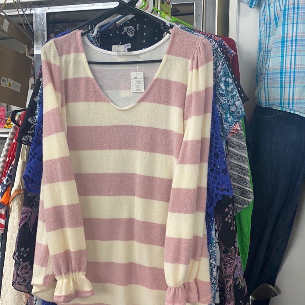 Pink and White Cardigan with Cinched Sleeves